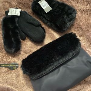 Fabulous Faux Fur 3 piece set. Black fur. Bag/Purse, Mittens, Ear Muffs